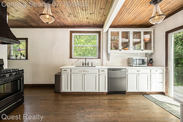 2577 John R Rd, Rochester Hills, MI 48307 - kitchen with stainless steel appliances, wooden ceiling, range hood, light countertops, and white cabinets