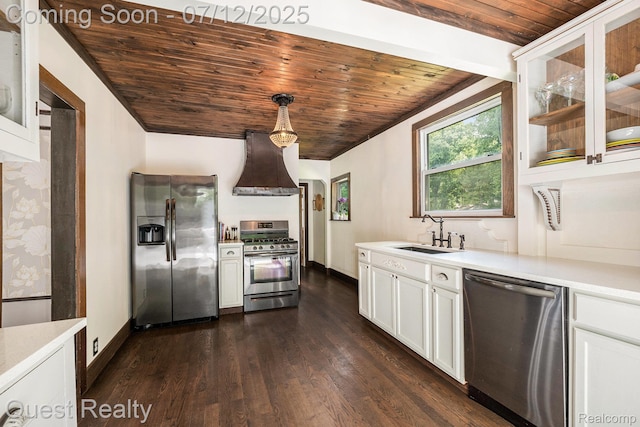2577 John R Rd, Rochester Hills, MI 48307 - kitchen with stainless steel appliances, custom range hood, wood ceiling, light countertops, and white cabinetry