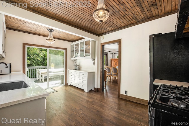 2577 John R Rd, Rochester Hills, MI 48307 - kitchen with wooden ceiling, white cabinetry, glass insert cabinets, dark wood finished floors, and crown molding