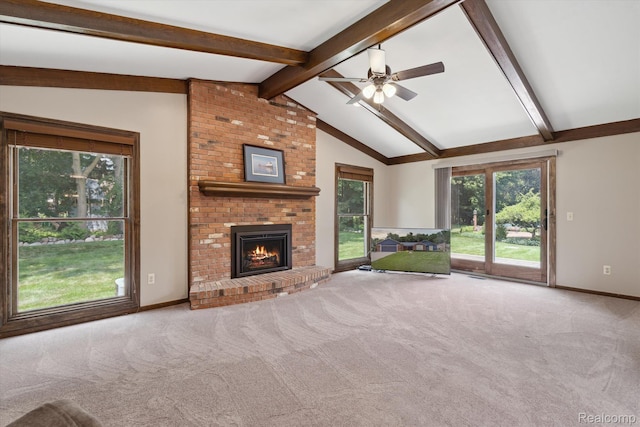 1726 Black Maple Dr, Rochester Hills, MI 48309 - unfurnished living room with carpet flooring, a brick fireplace, plenty of natural light, and ceiling fan