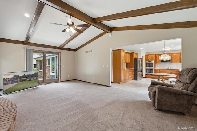 1726 Black Maple Dr, Rochester Hills, MI 48309 - living room featuring light colored carpet, ceiling fan, recessed lighting, and a chandelier