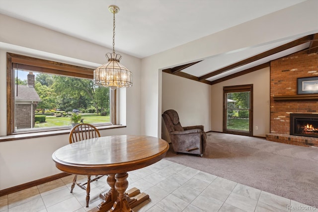 1726 Black Maple Dr, Rochester Hills, MI 48309 - dining space featuring plenty of natural light, light colored carpet, a brick fireplace, and light tile patterned floors
