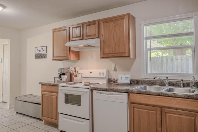 935 N Ave, Battle Creek, MI 49017 - kitchen featuring white appliances, under cabinet range hood, light tile patterned flooring, and dark countertops