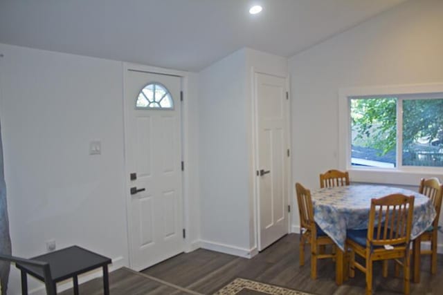93402 Lee Dr Unit 1, Dowagiac, MI 49047 - entrance foyer featuring dark wood-style floors, recessed lighting, and vaulted ceiling