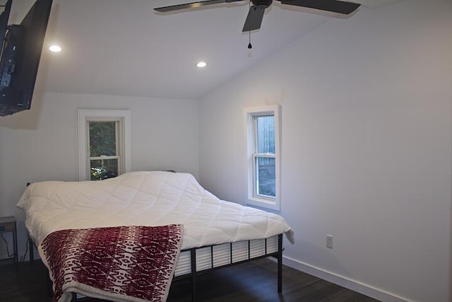 93402 Lee Dr Unit 1, Dowagiac, MI 49047 - bedroom featuring dark wood finished floors, lofted ceiling, recessed lighting, and ceiling fan