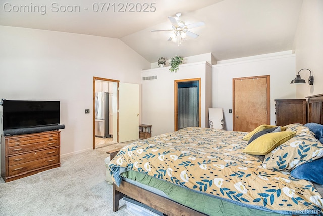 4420 Pinedale Ave, Clarkston, MI 48346 - carpeted bedroom with vaulted ceiling, freestanding refrigerator, and a ceiling fan