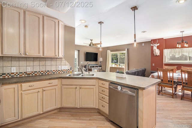 4420 Pinedale Ave, Clarkston, MI 48346 - kitchen featuring stainless steel dishwasher, light brown cabinets, open floor plan, a peninsula, and recessed lighting