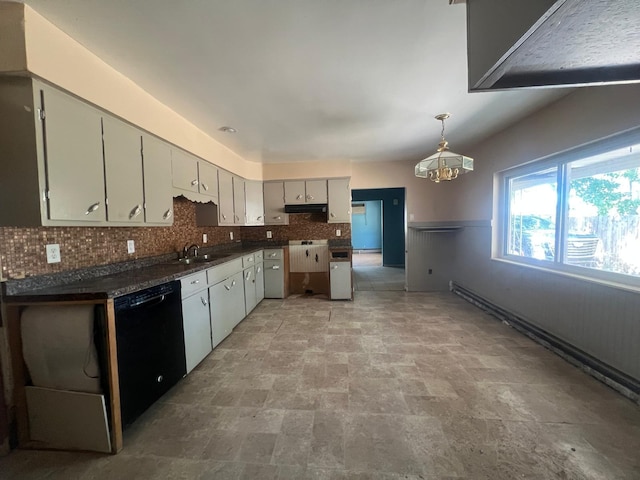 129 W Walnut St, Saint Charles, MI 48655 - kitchen featuring dishwasher, dark countertops, a chandelier, decorative backsplash, and under cabinet range hood