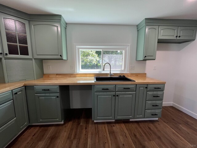 1999 Harold St, Adrian, MI 49221 - kitchen with butcher block countertops, gray cabinets, and dark wood-type flooring