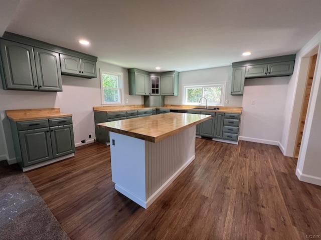 1999 Harold St, Adrian, MI 49221 - kitchen with wood counters, dark wood-style flooring, plenty of natural light, and recessed lighting