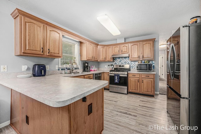 2851 18 Mile Rd, Kent City, MI 49330 - kitchen with stainless steel appliances, under cabinet range hood, a peninsula, and light wood-style flooring