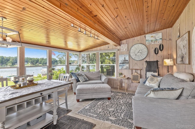 636 Swains Lake Dr, Concord, MI 49237 - living room featuring a water view, wood ceiling, and wood walls