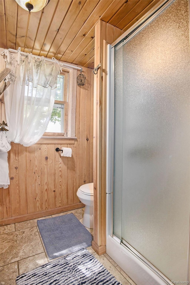 636 Swains Lake Dr, Concord, MI 49237 - full bath with a shower stall, wood ceiling, and wood walls