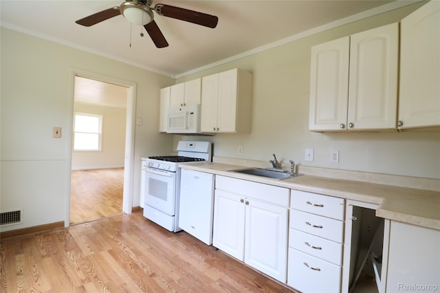 3922 Hogarth Ave, Flint, MI 48532 - kitchen with white appliances, light wood-style floors, crown molding, a ceiling fan, and white cabinetry