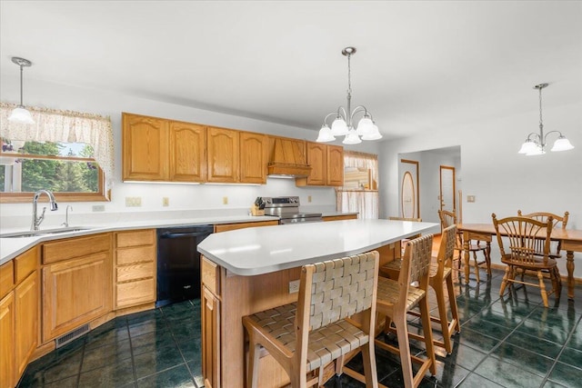 7350 N Territorial Rd, Dexter, MI 48130 - kitchen with a chandelier, black dishwasher, stainless steel electric range oven, and light countertops