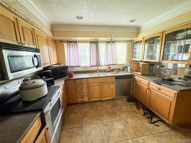 7950 Pinckney Rd, Pinckney, MI 48169 - kitchen with appliances with stainless steel finishes, crown molding, a textured ceiling, brown cabinets, and dark countertops