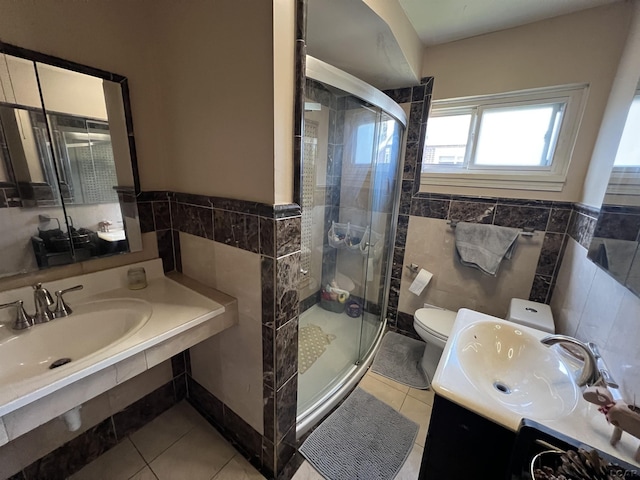 3841 Westpoint St, Dearborn, MI 48124 - full bathroom featuring tile patterned flooring, a shower stall, tile walls, vanity, and wainscoting