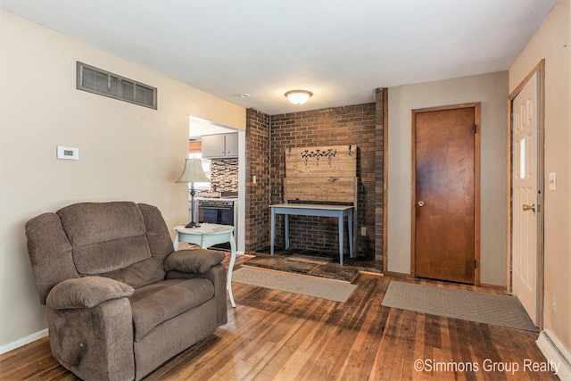 252 Jeffrey St, Cedar Springs, MI 49319 - living area featuring a fireplace, a baseboard radiator, and wood finished floors