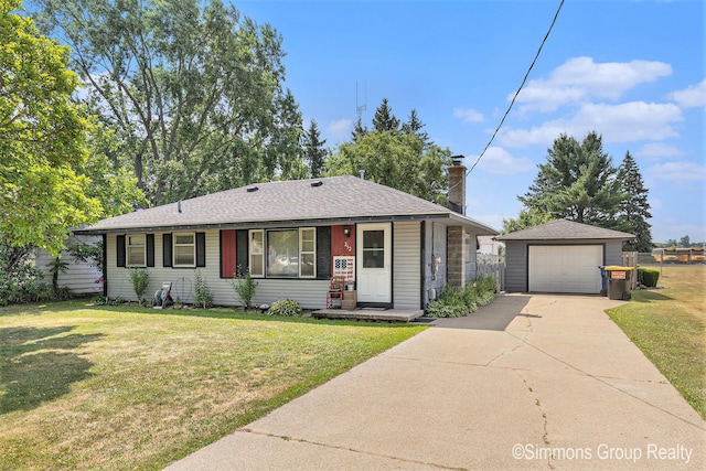 252 Jeffrey St, Cedar Springs, MI 49319 - ranch-style home featuring concrete driveway, a detached garage, an outbuilding, a chimney, and a shingled roof