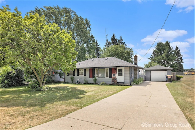 252 Jeffrey St, Cedar Springs, MI 49319 - view of front facade featuring an outdoor structure, a garage, driveway, a front lawn, and a chimney