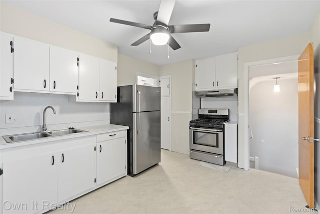 22951 Audette, Dearborn, MI 48124 - kitchen with appliances with stainless steel finishes, under cabinet range hood, a ceiling fan, and white cabinetry