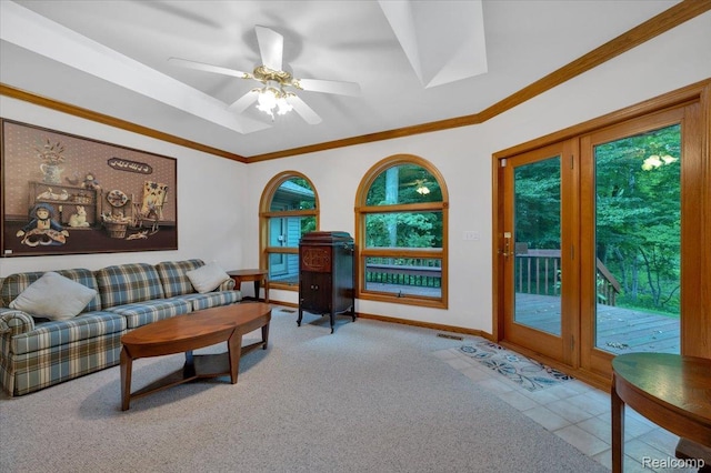 1829 Farnsworth Rd, Lapeer, MI 48446 - carpeted living area featuring a ceiling fan, tile patterned flooring, and crown molding