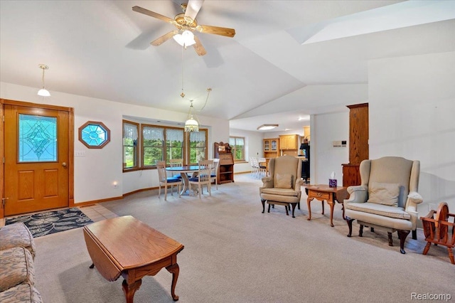 1829 Farnsworth Rd, Lapeer, MI 48446 - living area with light carpet, lofted ceiling, and ceiling fan