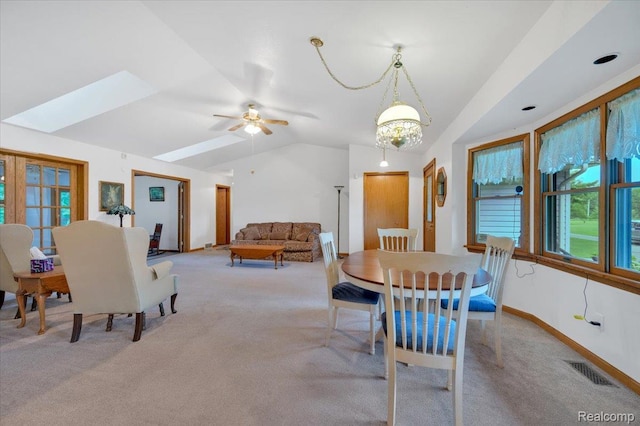 1829 Farnsworth Rd, Lapeer, MI 48446 - dining area featuring light carpet, lofted ceiling, and ceiling fan