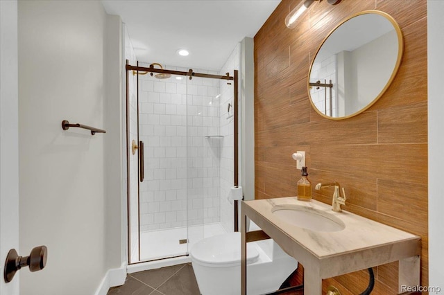 5612 Northcrest Xing, Clarkston, MI 48346 - bathroom featuring a stall shower, tile patterned flooring, and tasteful backsplash