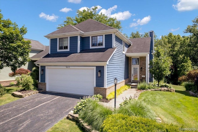 5612 Northcrest Xing, Clarkston, MI 48346 - traditional-style house featuring asphalt driveway, a garage, a front yard, a shingled roof, and brick siding