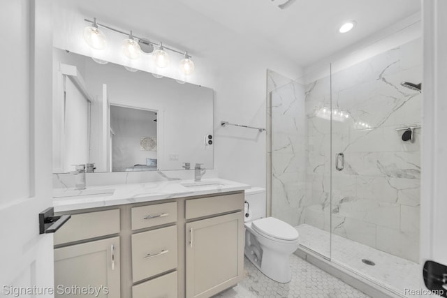 2037 11th St Unit 3, Detroit, MI 48216 - bathroom featuring a marble finish shower, double vanity, and tile patterned floors