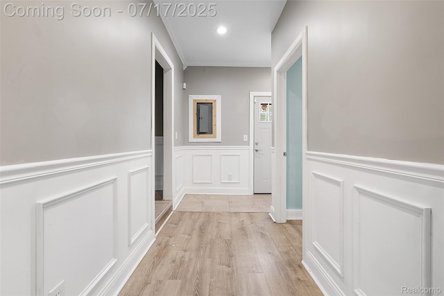 5869 Marvin St, Taylor, MI 48180 - corridor with light wood-style flooring, a decorative wall, ornamental molding, wainscoting, and recessed lighting