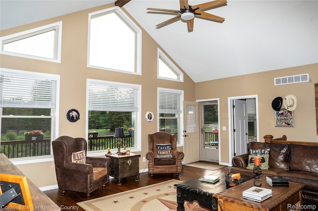 2223 Hidden Valley Rd, Howell, MI 48843 - living area featuring high vaulted ceiling, a ceiling fan, and wood finished floors