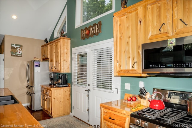 2223 Hidden Valley Rd, Howell, MI 48843 - kitchen featuring stainless steel appliances, butcher block counters, lofted ceiling, and wood finished floors