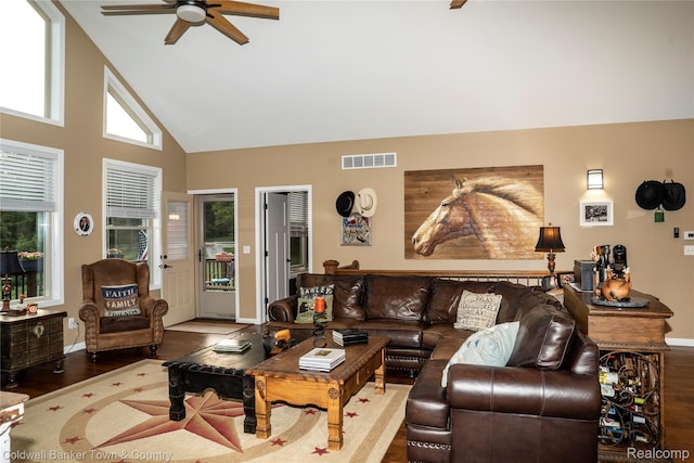 2223 Hidden Valley Rd, Howell, MI 48843 - living area with ceiling fan, wood finished floors, and high vaulted ceiling