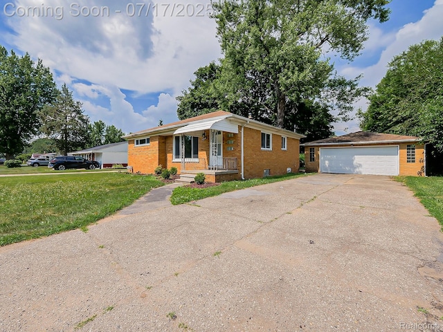 2314 Middlebelt Rd, West Bloomfield, MI 48324 - ranch-style house featuring an outdoor structure, brick siding, covered porch, a front lawn, and a detached garage