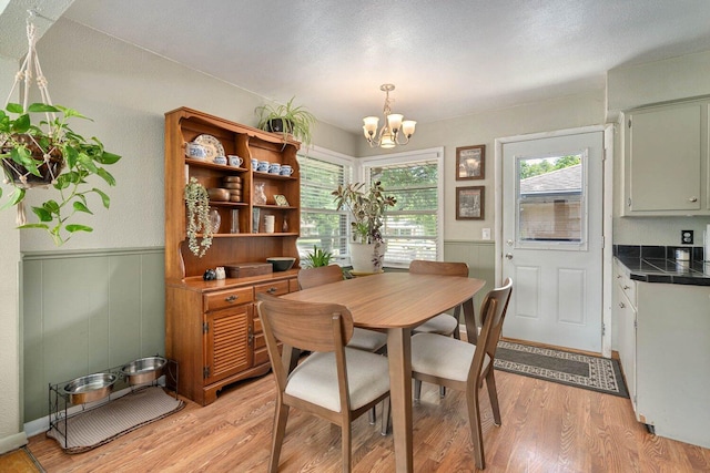 923 Par 4 Rd, Kalamazoo, MI 49008 - dining space with a chandelier, light wood-style flooring, a wainscoted wall, and healthy amount of natural light