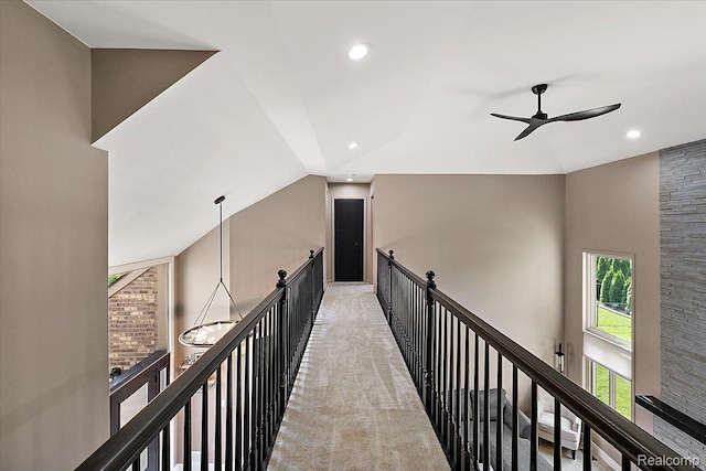 15924 Myrtle Dr, Macomb, MI 48042 - hall featuring recessed lighting, vaulted ceiling, light carpet, and an upstairs landing