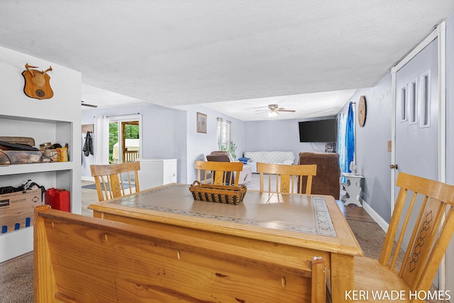 3231 E Baker Rd, Hesperia, MI 49421 - carpeted dining space with ceiling fan and a textured ceiling