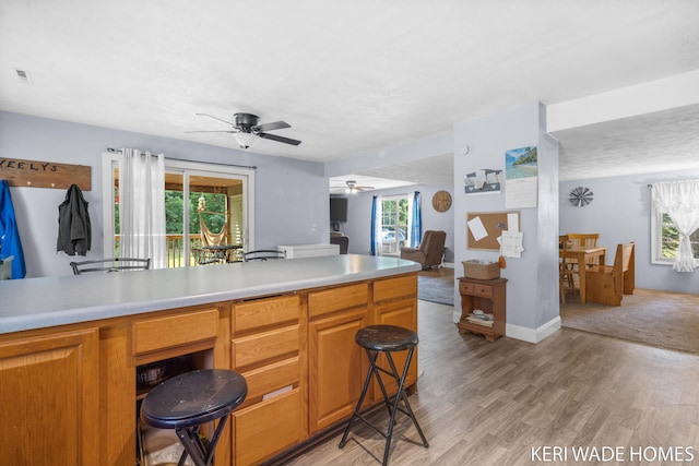 3231 E Baker Rd, Hesperia, MI 49421 - kitchen with ceiling fan, light countertops, a breakfast bar, light wood-type flooring, and open floor plan