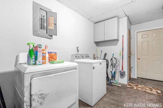 3231 E Baker Rd, Hesperia, MI 49421 - washroom with electric panel, washing machine and clothes dryer, cabinet space, and carpet floors