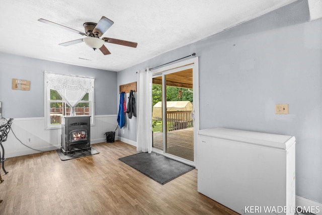 3231 E Baker Rd, Hesperia, MI 49421 - doorway to outside with wood finished floors, a wood stove, a ceiling fan, a wainscoted wall, and a textured ceiling