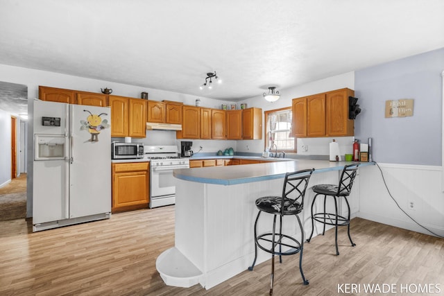 3231 E Baker Rd, Hesperia, MI 49421 - kitchen featuring white appliances, light wood-style floors, under cabinet range hood, and a peninsula