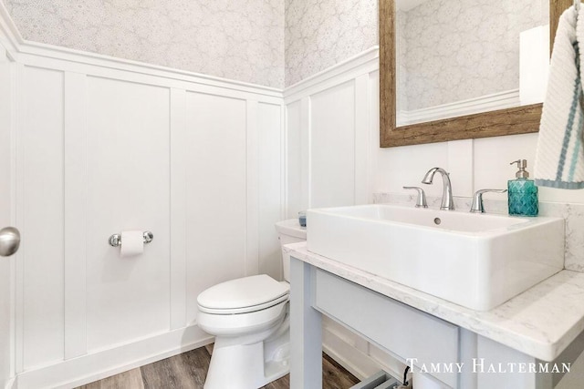 6129 W Bay Ct, Hudsonville, MI 49426 - half bath featuring a decorative wall, wood finished floors, vanity, and wainscoting