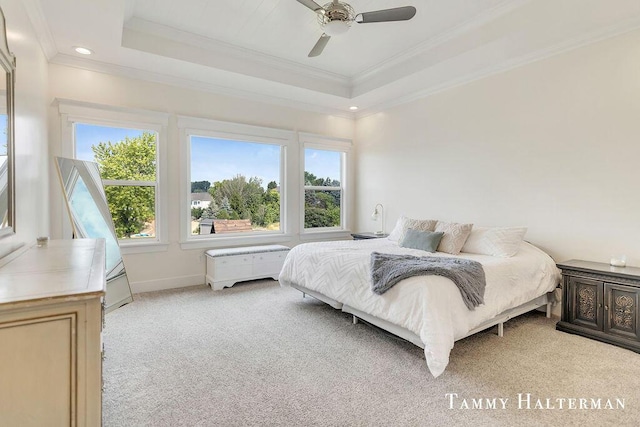6129 W Bay Ct, Hudsonville, MI 49426 - bedroom with light carpet, ornamental molding, a raised ceiling, a ceiling fan, and recessed lighting