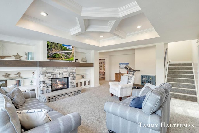 6129 W Bay Ct, Hudsonville, MI 49426 - carpeted living area with ornamental molding, coffered ceiling, stairs, recessed lighting, and a stone fireplace