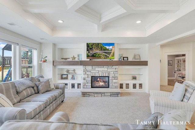6129 W Bay Ct, Hudsonville, MI 49426 - carpeted living area featuring ornamental molding, built in shelves, beam ceiling, recessed lighting, and a fireplace