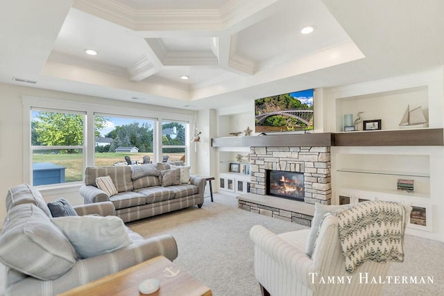 6129 W Bay Ct, Hudsonville, MI 49426 - carpeted living room with crown molding, a fireplace, coffered ceiling, beam ceiling, and built in features