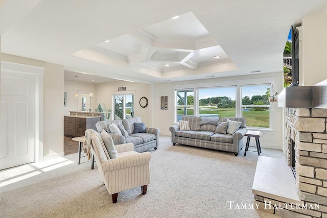 6129 W Bay Ct, Hudsonville, MI 49426 - living room featuring light colored carpet, crown molding, coffered ceiling, beamed ceiling, and recessed lighting