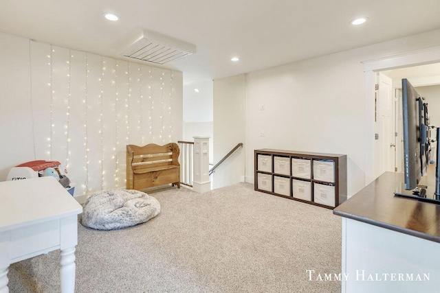 6129 W Bay Ct, Hudsonville, MI 49426 - living area featuring an upstairs landing, recessed lighting, and carpet flooring